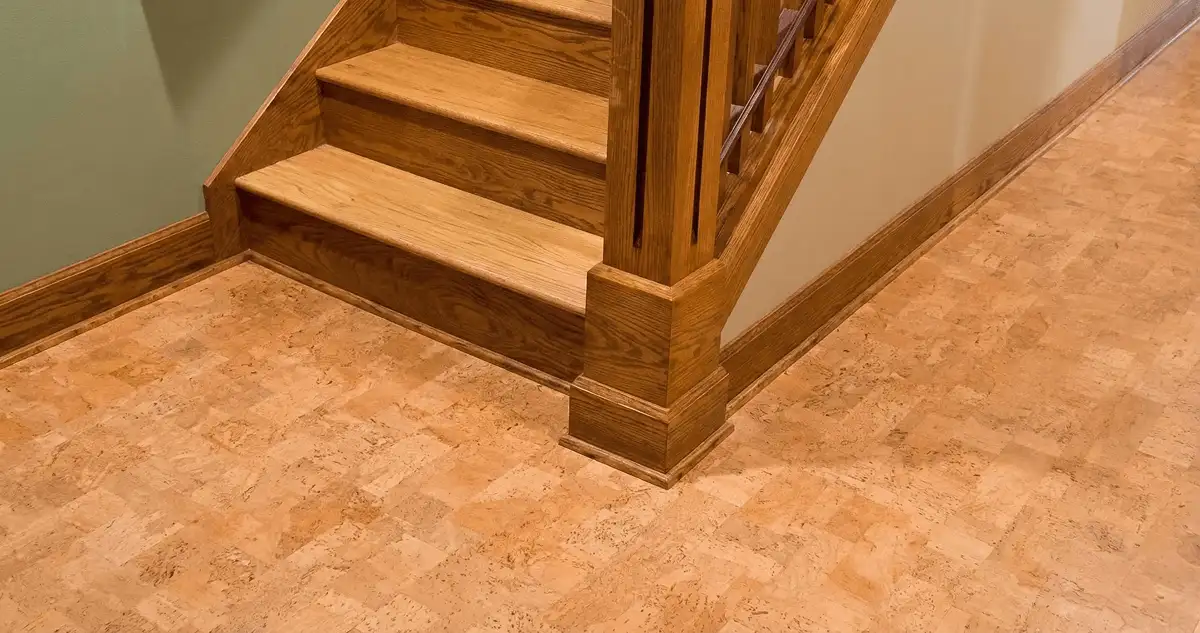 End of a staircase with cork flooring in Bloomington, IN