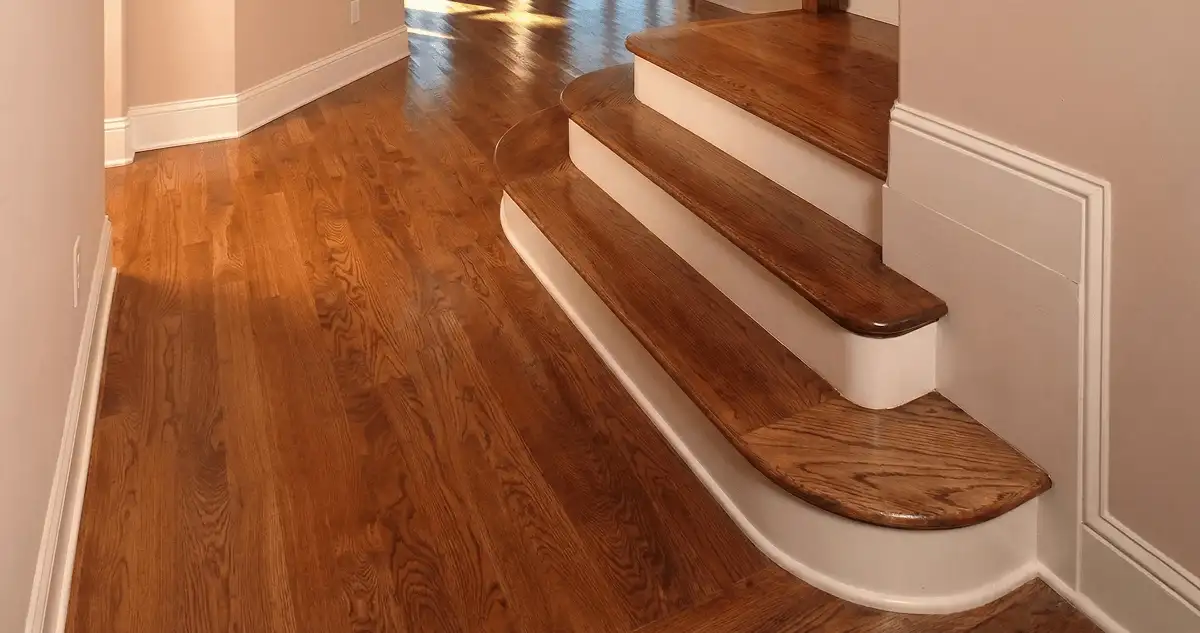 Base floor of a staircase with professionally restored wood flooring in Bloomington IN