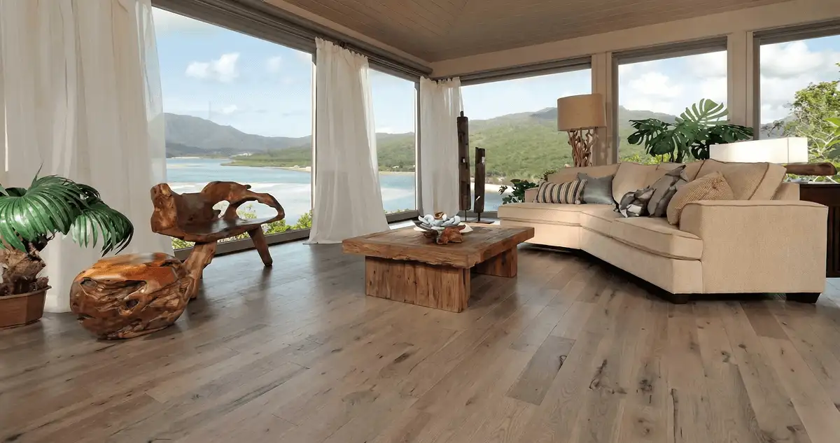 Professionally installed vinyl flooring in a modern living room with large windows in Bloomington, IN